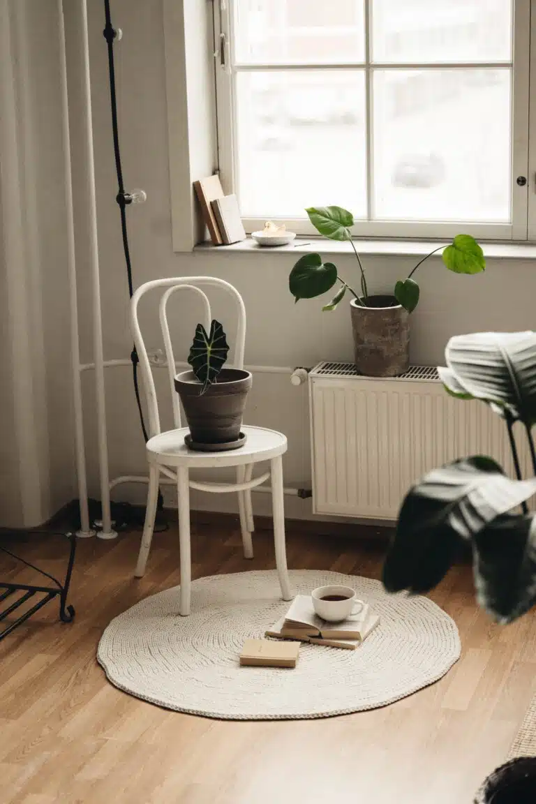 Kierre-matto vaaleassa olohuoneessa, jonka ympärillä on kasveja ja kirjoja.